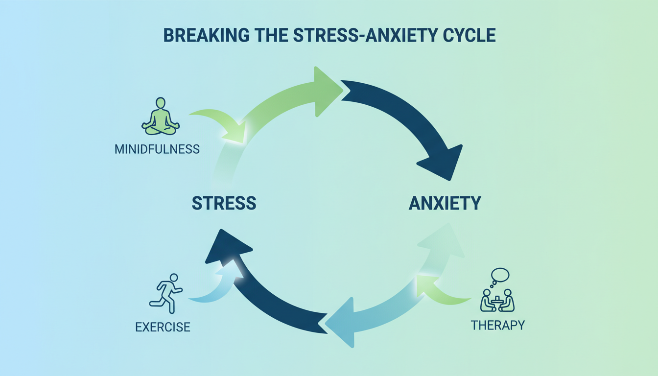Circular infographic showing the stress-anxiety cycle with intervention points including mindfulness, exercise, and therapy