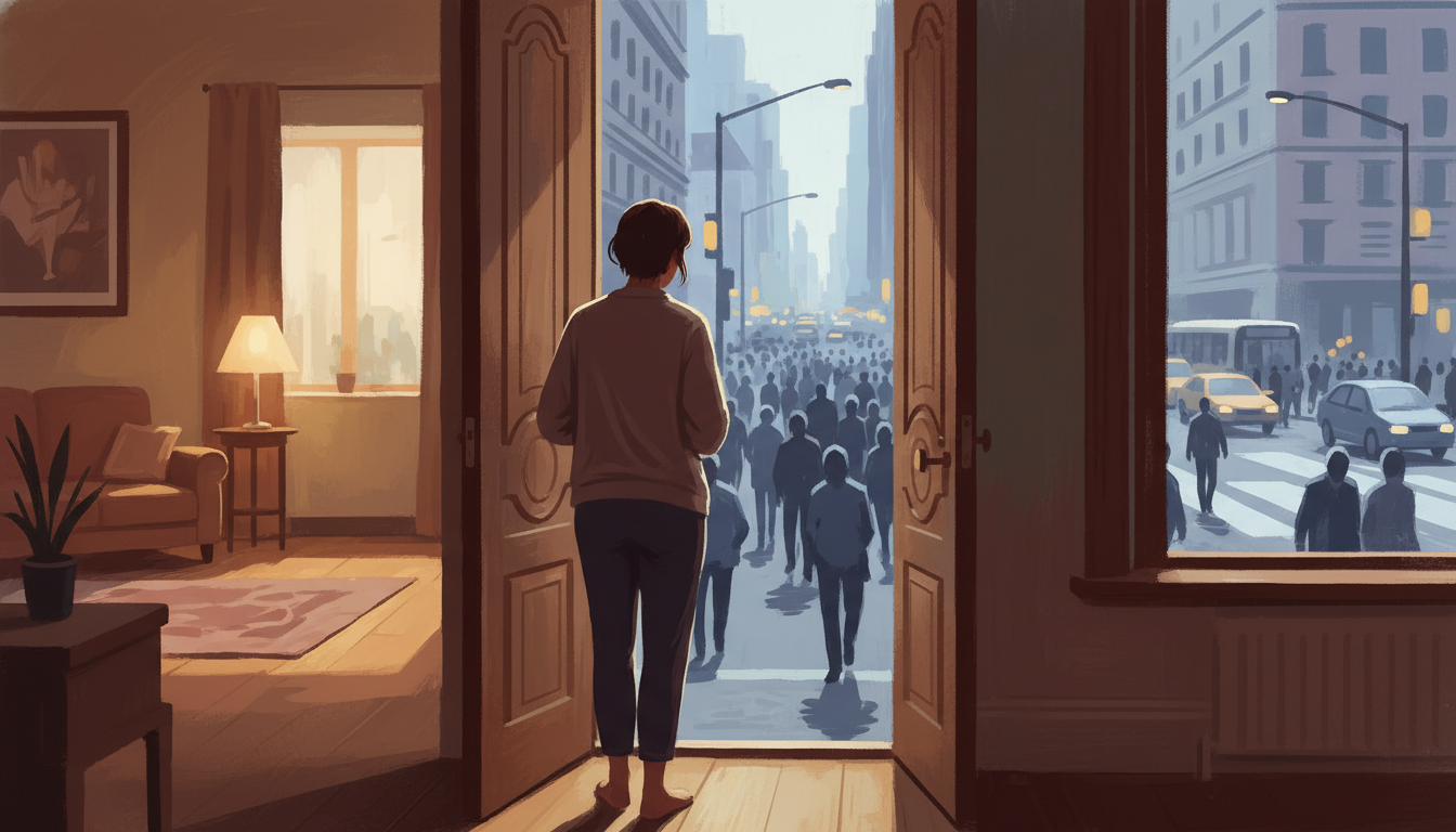 Person standing at doorway looking out at a busy street, representing the experience of agoraphobia