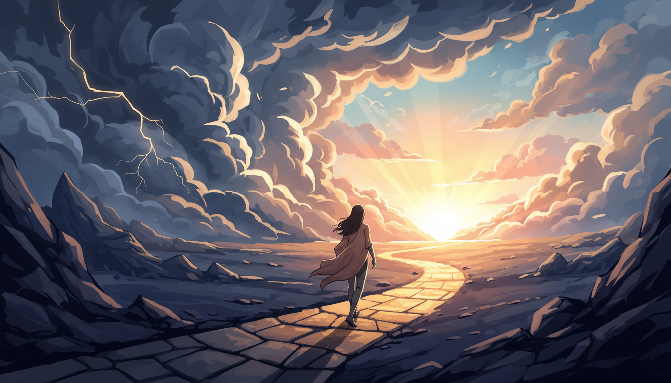 Person walking on a path from dark storm clouds towards bright sunrise representing hope in anxiety recovery